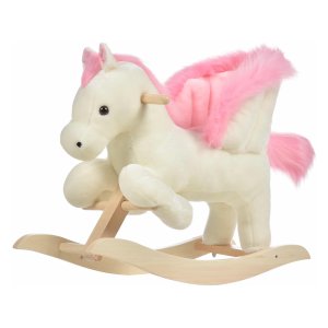 Schommelpaard - Zaza Home - Met geluidseffecten - Pluche Wit + Roze
