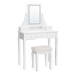 Kaptafel Met Led Verlichting Ä°n 3 Kleuren, Make Up Tafel Met Spiegel En 5 Laden, Kaptafel Met Kruk, 80 X 40 X 137.5 Cm, Wit