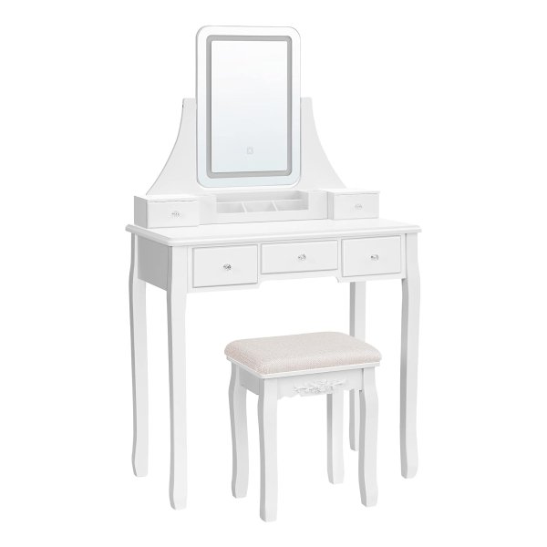 Kaptafel Met Led Verlichting Ä°n 3 Kleuren, Make Up Tafel Met Spiegel En 5 Laden, Kaptafel Met Kruk, 80 X 40 X 137.5 Cm, Wit