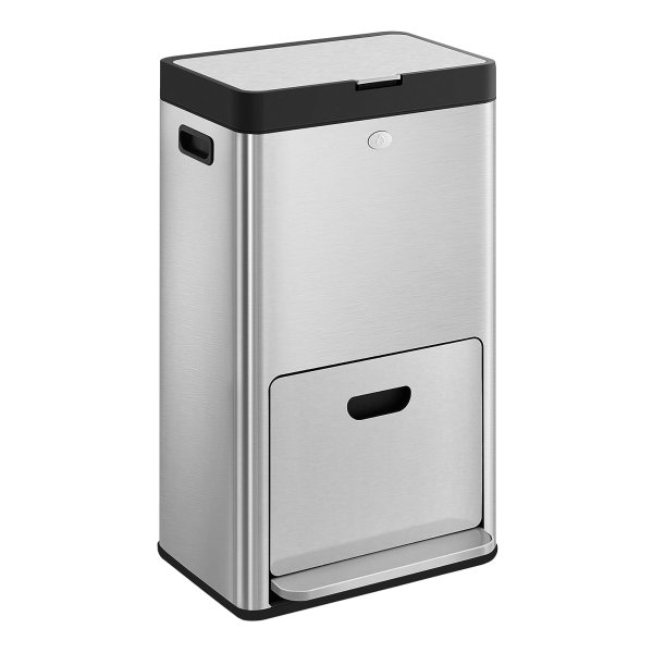 Keukenbak, 2 X 17L En 26L Volumes, 3-Vaks Bak Voor Algemeen Afval, Voedselverspilling En Recycling, Koolstoffilter, Breed Pedaal, Zilver