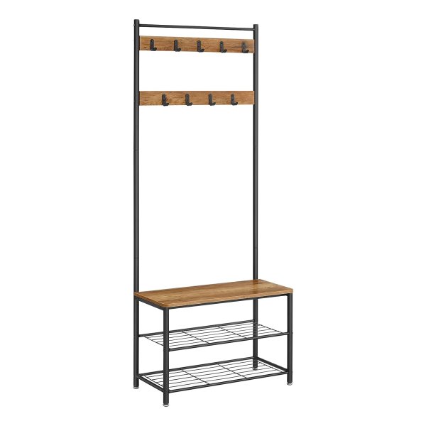 Garderobestandaard Met Schoenenrek, 3 Planken, Hoogte 177 Cm, Industrieel Design, Walnootbruin-Zwart