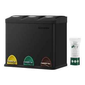 Keukenafvalemmer, Metalen Pedaalemmer, 3-Ä°n-1 Afvalemmer, 24 Liter, Afvalscheiding, Afvalscheidingssysteem, Eenvoudig Te Reinigen, Staal, Zwart