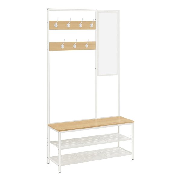 Modern Eikenkleurig Wit Kledingrek Met Spiegel, Kapstok En Zitbank - 35 X 98 X 180 Cm - Perfect Voor Entree, Slaapkamer En Woonkamer