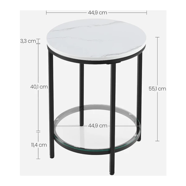 Bijzettafel, Nachtkastje Met 2 Niveaus, Houten Spaanplaat, Gehard Glas Voor Woonkamer Werkkamer Kleine Ruimtes Modern Wit Marmeren Look Zwart Frame