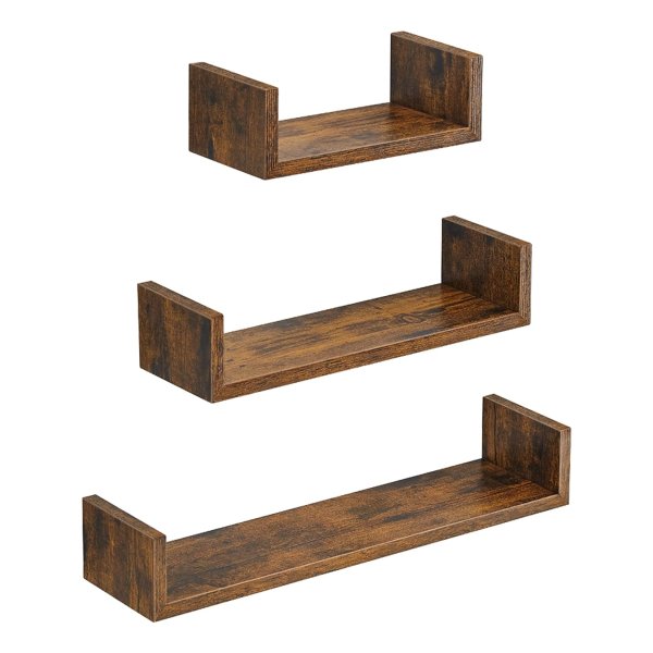 U-Vormige- Wandplank, Set Van 3, Zwevende Plank Ä°n Vintage Stijl, Wandmontage, Voor Decoraties, Woonkamer, Slaapkamer En Kantoor, Houtlook, Donkerbruin