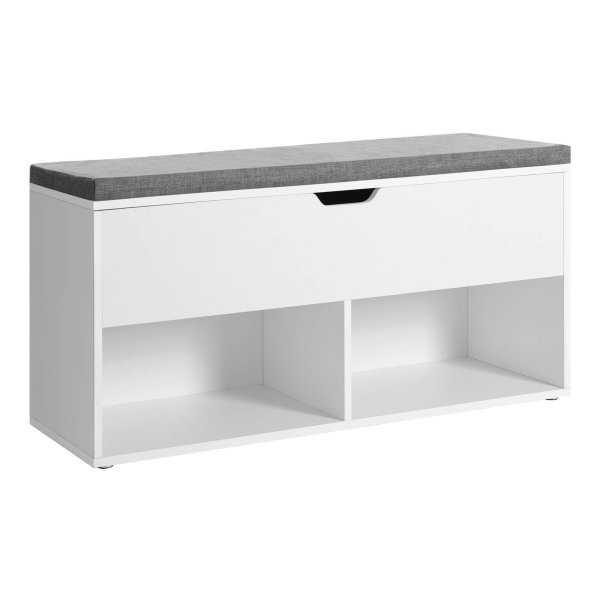 Schoenenbank, Bank, 2 Open Vakken, Opbergruimte Onder Het Deksel, Schoenenrek, Gestoffeerde Zitting, Hal, Slaapkamer En Entree, 100 X 30 X 48 Cm, Wit
