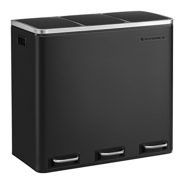 Vuilnisemmer Keuken, 3 X 18 Liter, Afvalscheidingssysteem 3 Vakken, Afvalemmer, Pedaalemmer, Voor Gele Zak, Biologisch Afval, Met Deksel, Softclose, Voetpedalen, Binnenemmer, Staal, Zwart