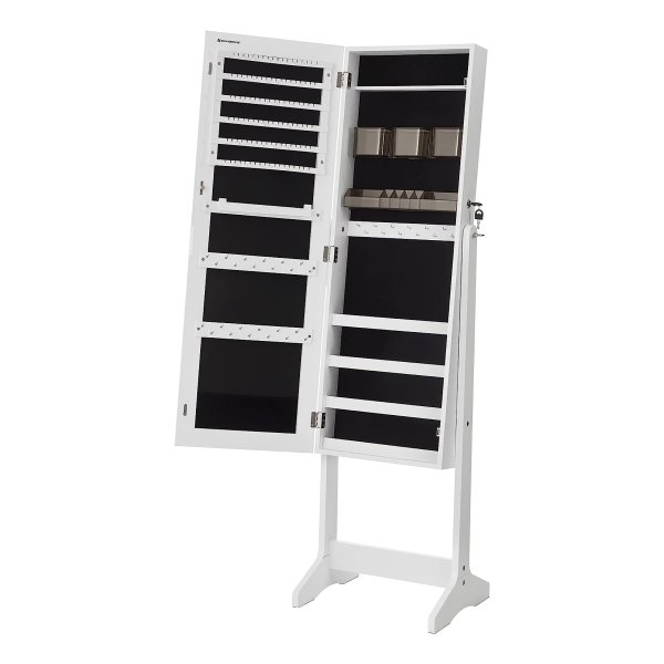 Wit Sieradenkast Met Staande Spiegel, 2 Make-Up Organizers En Afsluitbare Opslag Voor Oorbellen, Kettingen En Make-Up