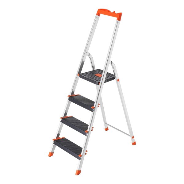 Aluminium Ladder Met 4 Treden, 12 Cm Breed, Anti-Slip Voeten, Leuning, Gereedschapsschaal, Belastbaar Tot 150 Kg, Zwart-Oranje
