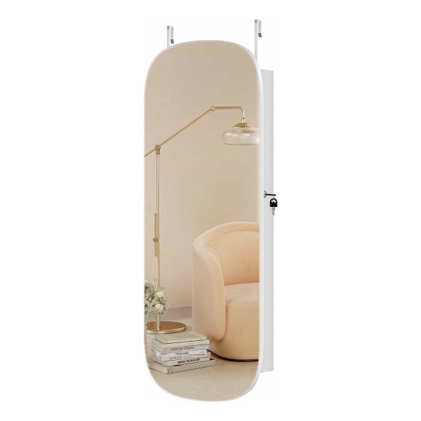 Spiegel Met Opbergruimte, Led-Spiegel Sieradenkast Wand-/Deurmontage, Afsluitbare Ronde Brede Spiegelkast, Met Binnenspiegel, 10 X 42 X 108 Cm, Wit Oppervlak Met Greige Voering