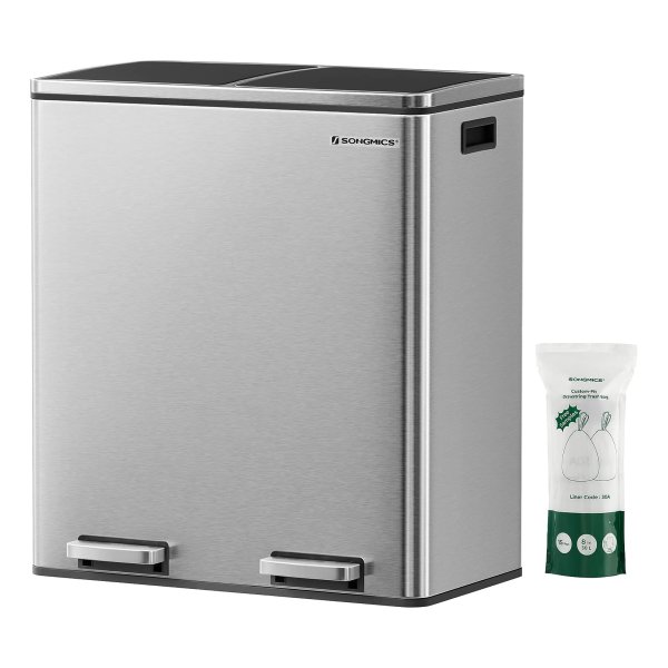 Afvalbak Voor De Keuken, 2 X 30L, Afvalbak Met 2 Compartimenten, Afvalscheiding, Metalen Pedaalemmer, Kunststof Binnenbak, Met Scharnierende Deksels, Handgrepen, Softclose, Luchtdicht, Zilver