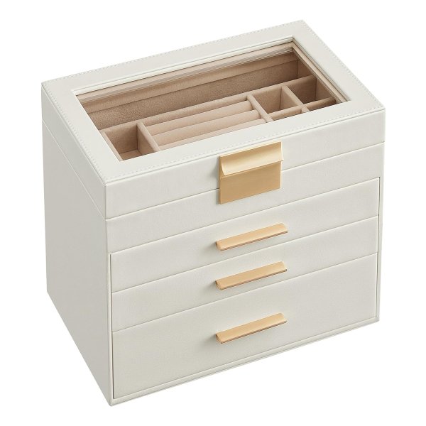 Sieradendoos Met Glazen Deksel, 4-Laags Sieradenorganizer, 3 Lades, Voor Zonnebrillen, Grote Sieraden, Sieradenopslag, Moderne Stijl, Wolkwit
