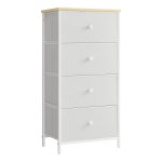 Commode, Opbergkast Met 4 Stoffen Laden, Metalen Frame, Hoog En Smal, Wit-Eiken