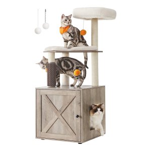 Krabpaal, Met Kattenbakkast, 2-İn-1 Moderne Kattenboom, 134 Cm, Met Roomer, Krabzuilen, Platform, Wasbare Kussens, Greige