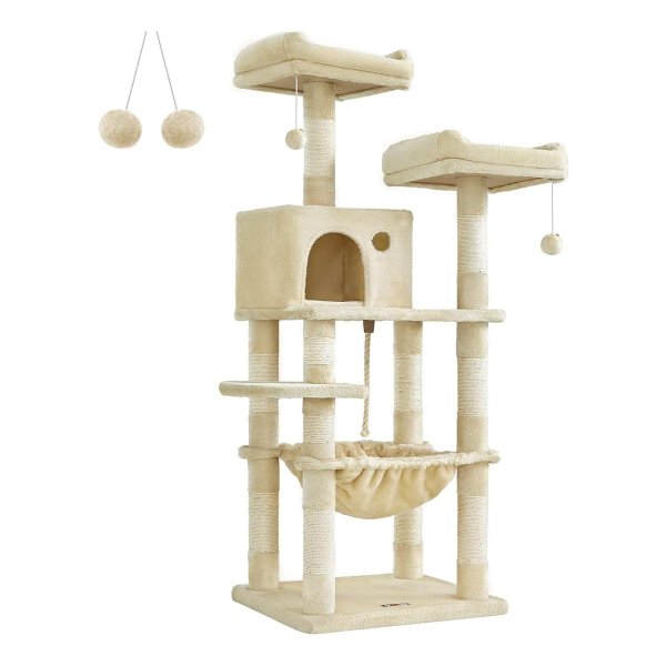 Krabpaal, 143 Cm Hoog, Kattenboom Met 11 Krabzuilen, 2 Platforms, 1 Kattenmand, 1 Hangmat, 2 Pluche Ballen, Pluche, Ontwerp Met Meerdere Verdiepingen, Beige