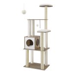 Krabpaal Voor Katten, Moderne Kattentoren, Kattenwoning Met 5 Krabpalen, Wasbare Afneembare Kussens, Zitstang, Kattenmand, Kattenmeubel Voor Huiskatten, 165 Cm Hoog, Greige