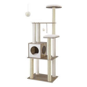 Krabpaal Voor Katten, Moderne Kattentoren, Kattenwoning Met 5 Krabpalen, Wasbare Afneembare Kussens, Zitstang, Kattenmand, Kattenmeubel Voor Huiskatten, 165 Cm Hoog, Greige