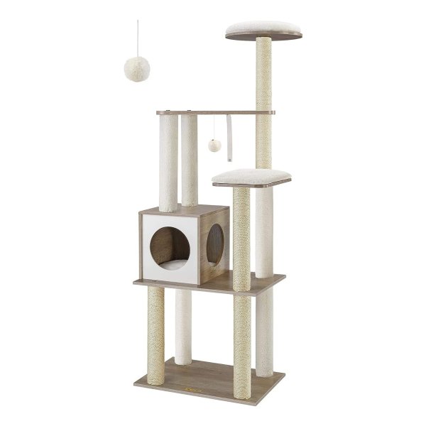 Krabpaal Voor Katten, Moderne Kattentoren, Kattenwoning Met 5 Krabpalen, Wasbare Afneembare Kussens, Zitstang, Kattenmand, Kattenmeubel Voor Huiskatten, 165 Cm Hoog, Greige