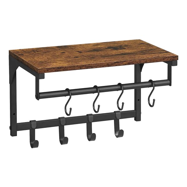 Vintage Bruin-Zwart Wandgarderobe Met 8 Afneembare Hakken - Wandgemonteerd Hangrek Met Kledingstang Voor Hal En Slaapkamer