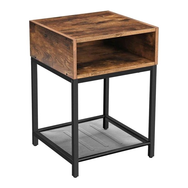 Industrieel Design Nachtkastje Met Open Vak En Roosterplank - Eenvoudige Montage, Ruimtebesparend, Vintage Bruin-Zwart - Perfect Voor Woon- En Slaapkamers