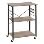 Industrieel Design Keukenrek Op Wieltjes Met 6 Hakken - 3 Niveaus, Greige-Zwart, Voor Mini-Oven, Broodrooster En Magnetronrek