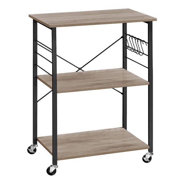 Industrieel Design Keukenrek Op Wieltjes Met 6 Hakken - 3 Niveaus, Greige-Zwart, Voor Mini-Oven, Broodrooster En Magnetronrek