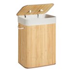 Opvouwbare Bamboe Wasmand Met Deksel En Uitneembare Katoenen Waszak - 72 L Wasbox - 40 X 30 X 60 Cm - Beige