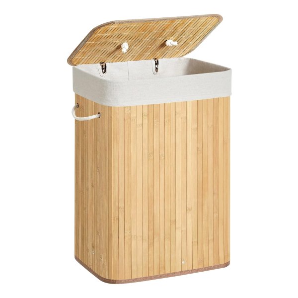 Opvouwbare Bamboe Wasmand Met Deksel En Uitneembare Katoenen Waszak - 72 L Wasbox - 40 X 30 X 60 Cm - Beige