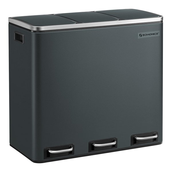 Vuilnisbak Keuken, 3 X 18 Liter, Afvalscheidingssysteem 3 Vakken, Afvalemmer, Pedaalemmer, Voor Gele Zak, Biologisch Afvalbak, Met Deksel, Softclose, Voetpedalen, Binnenemmer, Staal, Antraciet