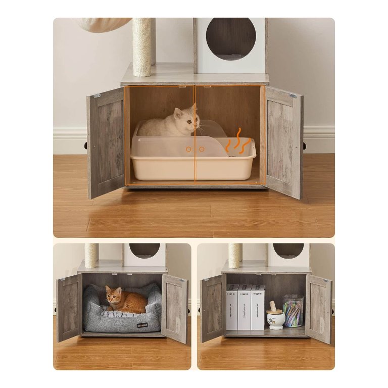 HOOBRO Krabpaal met kattenbakkast, 2-in-1 kattenboom, 150 cm, verborgen kattentoiletmeubel, kast voor kattentoilet, met sisalstammen, afneembare stangen met pluche balletjes, greige EBG15MZ03 HOOBRO Krabpaal met kattenbakkast, 2-in-1 kattenboom, 150 cm, verborgen kattentoiletmeubel, kast voor kattentoilet, met sisalstammen, afneembare stangen met pluche balletjes, greige EBG15MZ03
