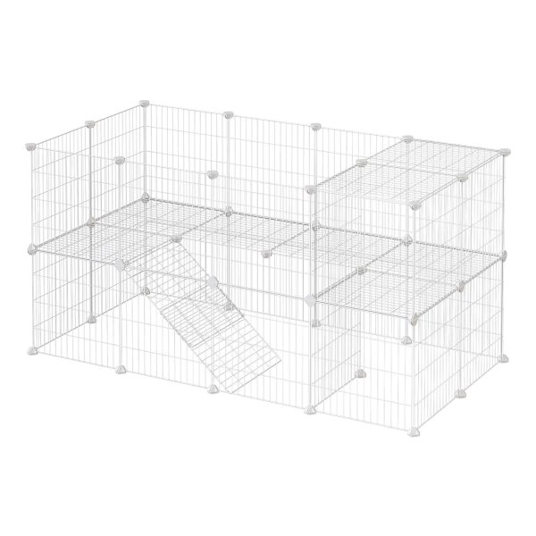 Dierenkooi Met 2 Verdiepingen, Doe-Het-Zelf Klein Huisje, Konijnenhok, Hamster, Konijn, Cavia, Metaalgaas, Voor Binnengebruik, 143 X 73 X 71 Cm, Wit