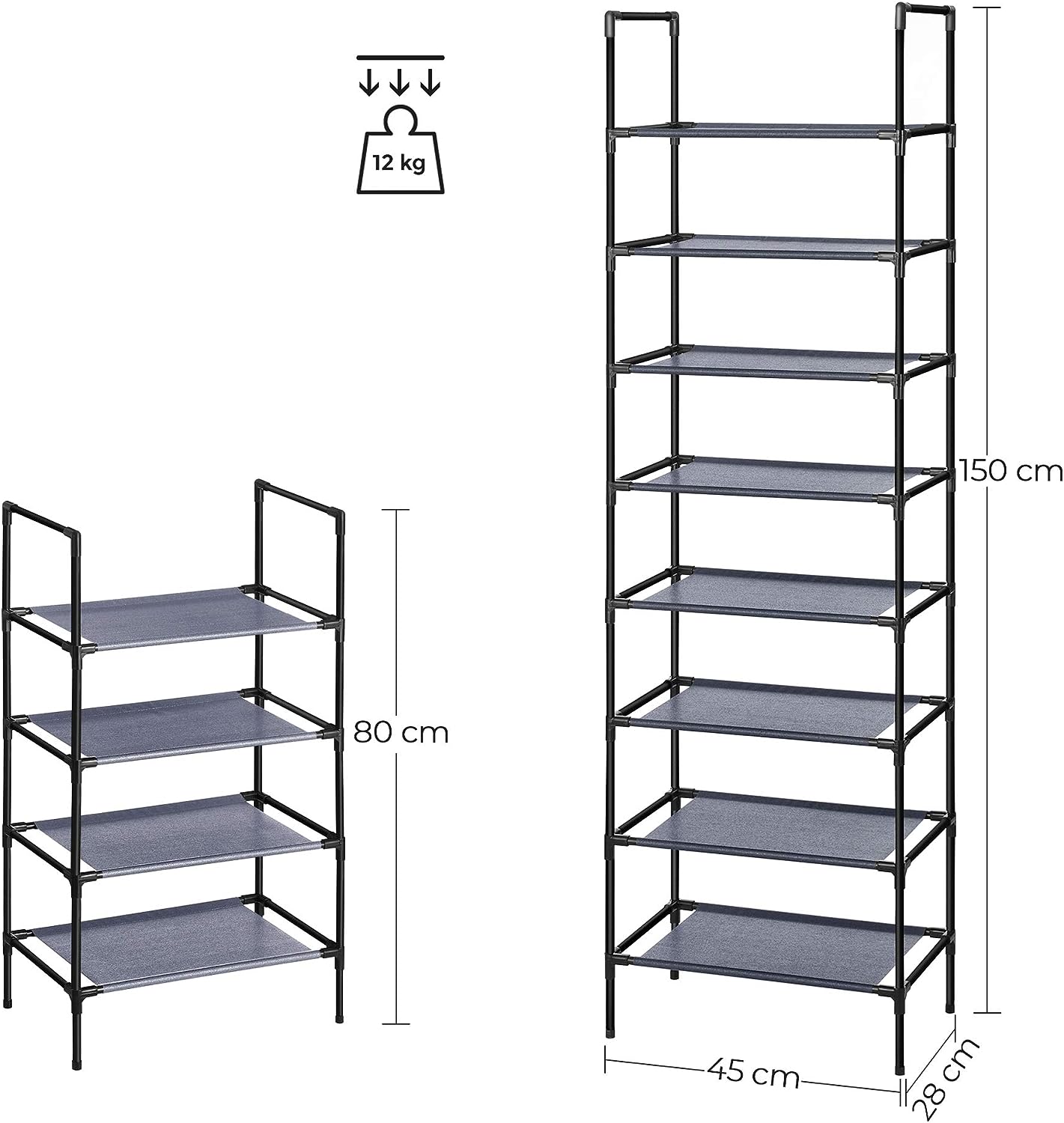SONGMICS 4-laags schoenenrek, metalen schoenenstandaard, schoenenopbergruimte, rechtop of ondersteboven, voor 25-30 paar schoenen, stapelbaar, 30 x 117 x 75 cm, zwart LSA034B01