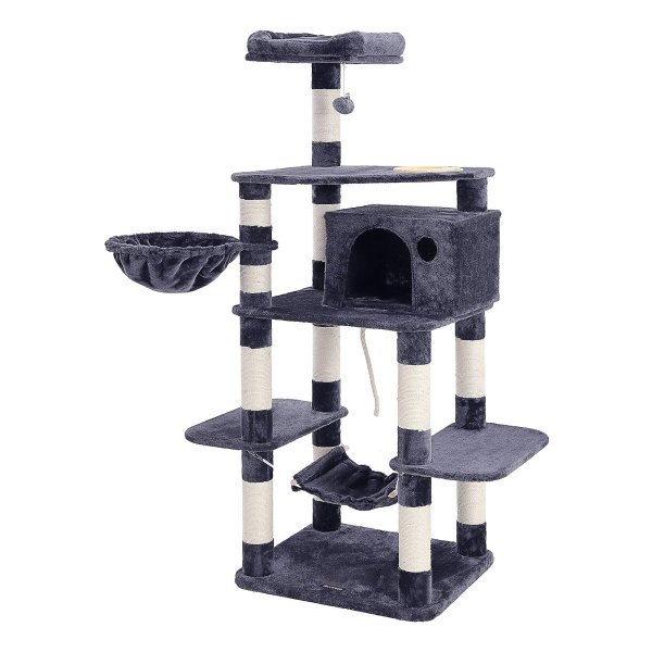 Multi-Level Kattenboom Met Voerbak, Sisal-Bedekte Kraspalen, Hangmat, Mand En Condo, Kattenmeubelen Voor Kittens, 164 Cm, Grijs