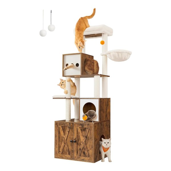 Krabpaal met Kattenbakkast – Kattenboom 185 cm – Krabzuil met Platform – Vintage bruin