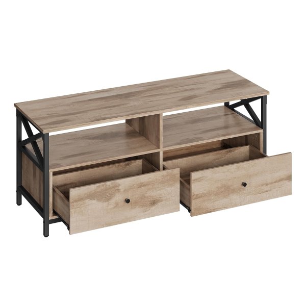 TV-kast, Lowboard voor tv's tot 55 inch, 120 cm lang, televisietafel met 2 laden, 2 open vakken, 40 x 120 x 50 cm, woonkamer, stalen frame, eikenbruin-zwart
