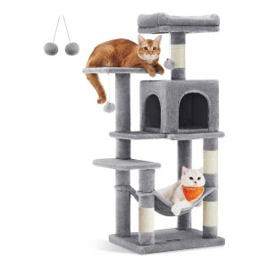 Krabpaal Voor Katten - 112 Cm Hoog - 4 Krabpalen, 2 Platforms, Hangmat, Grot, Lichtgrijs