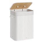 Opvouwbare Bamboe Wasmand Met Deksel, 72 Liter, Uitneembare Waszak, Machinewasbaar, Handgrepen, Ideaal Voor Bijkeuken En Slaapkamer, Wit