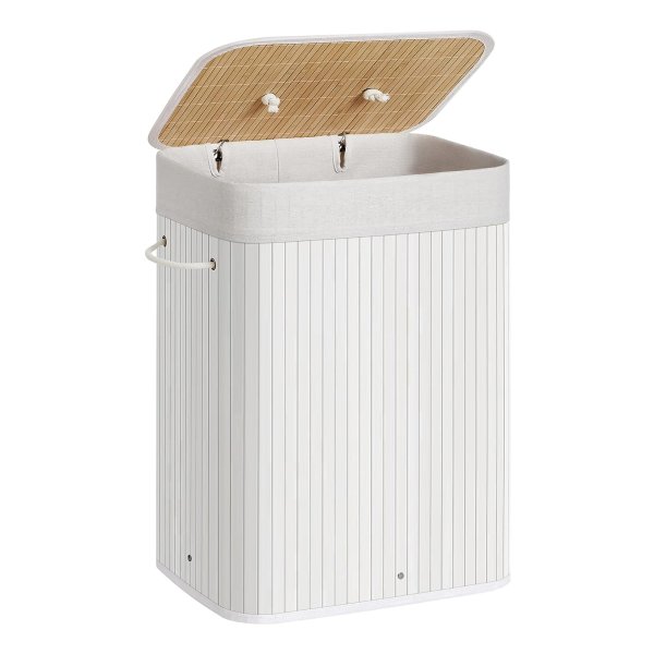 Opvouwbare Bamboe Wasmand Met Deksel, 72 Liter, Uitneembare Waszak, Machinewasbaar, Handgrepen, Ideaal Voor Bijkeuken En Slaapkamer, Wit