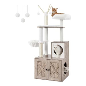 Krabpaal Met Kattenbak, 2-Ä°n-1 Kattenboom, Verborgen Kattentoilet, Met Sisalstammen, Afneembare Pluche Ballen, Greige