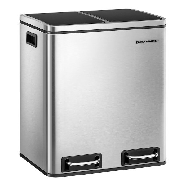 Afvalemmer Afvalscheiding, Afvalscheidingssystemen Met 2 Binnenbakken, Pedaalemmer Voor Keuken, Roestvrij Staal, 2 X 15L, Zilver