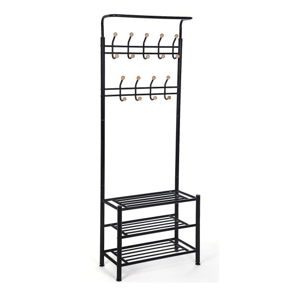 Kapstok Met 3 Schoenenrekken - 18 Haken, Metaal, 68,8 X 35,2 X 187 Cm, Zwart