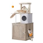 Krabpaal Met Kattenbakkast, 2-İn-1 Moderne Kattenboom, 118 Cm Hoog, 2 Krabzuilen, Knuffelhol, Wasbare Kussens, Greige