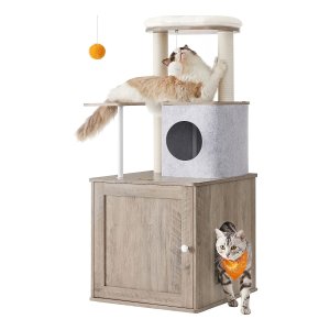 Krabpaal Met Kattenbakkast, 2-İn-1 Moderne Kattenboom, 118 Cm Hoog, 2 Krabzuilen, Knuffelhol, Wasbare Kussens, Greige