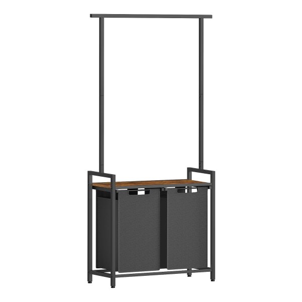 Wasmand 2 vakken, wasverzamelaar met kledingstang, wassorteerder met plank, waszak uittrekbaar afneembaar, 2 x 46 L, 73 x 33 x 177 cm, vintabruin-klassiek zwart