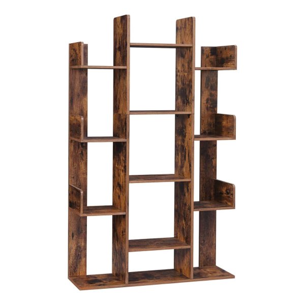 Vintage Boekenkast Ä°n Boomvorm - 86 X 25 X 140 Cm, Met 13 Vakken En Afgeronde Hoeken - Bruin
