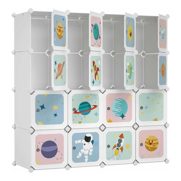 Draagbare Kledingkast, Doe-Het-Zelf Kledingkast Om Kleding Op Te Hangen, Modulaire Opbergorganizer Voor Kinderen Met 16 Kubussen, 4 Hangrails, 123 X 41 X 123 Cm, Wit