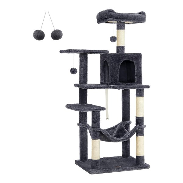 Krabpaal, 143 Cm Hoog, Kattenboom, Meerlaagse Kattenhuis, Met 4 Krabzuilen, 2 Platforms, Hangmat, Grot, Rookgrijs