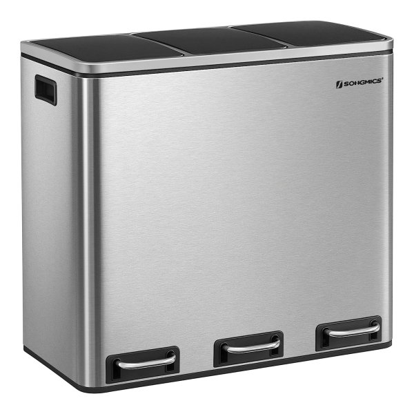 Vuilnisemmer Keuken, 3 X 18 Liter, Afvalscheidingssysteem 3 Vakken, Afvalemmer, Pedaalemmer, Voor Gele Zak, Biologisch Afval, Met Deksel, Softclose, Voetpedalen, Binnenemmer, Staal, Zilver-Zwart
