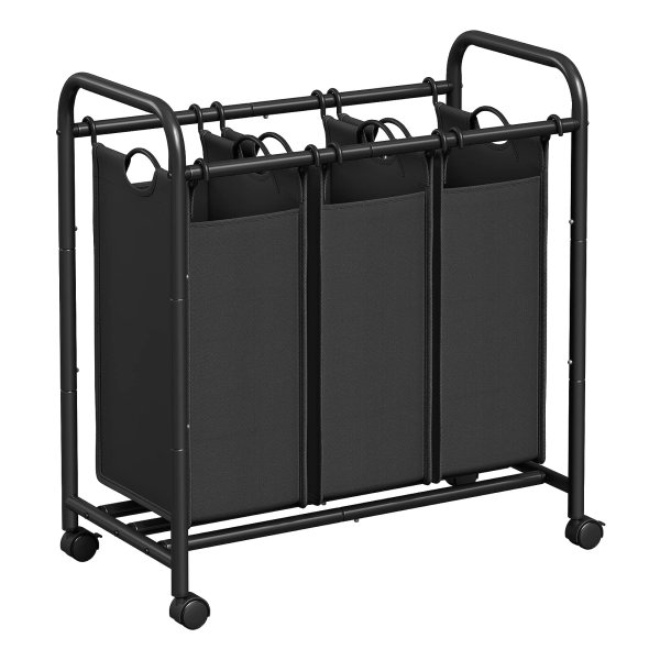 Wasmand, Wasverzamelaar Met 3 Afneembare Stoffen Zakken, Wasbak Op Wielen, Wasserette, Stevig, 3 X 44 Liter, Zwart