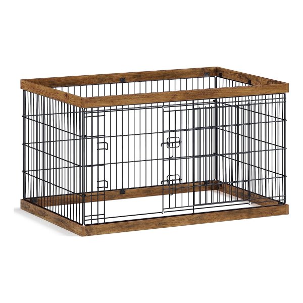 Puppy Ren, Vrije Uitloopren, Stalen Rooster, Puppy Box, Schuifdeur Met 2 Grendels, Maat Xxl, 122 X 80 X 70 Cm, Omheining Voor Honden, Konijnen, Walnoot Bruin En Zwart